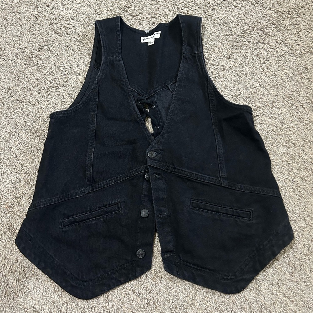 Free people Black Beckett Denim Vest Women's Cotton Size 32 Western Back Lace Up
